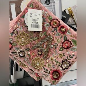 ISO Floral Embroidered Pink Clutch with Beaded Initial